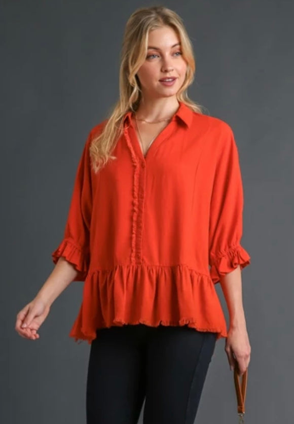 Half button frayed edge top