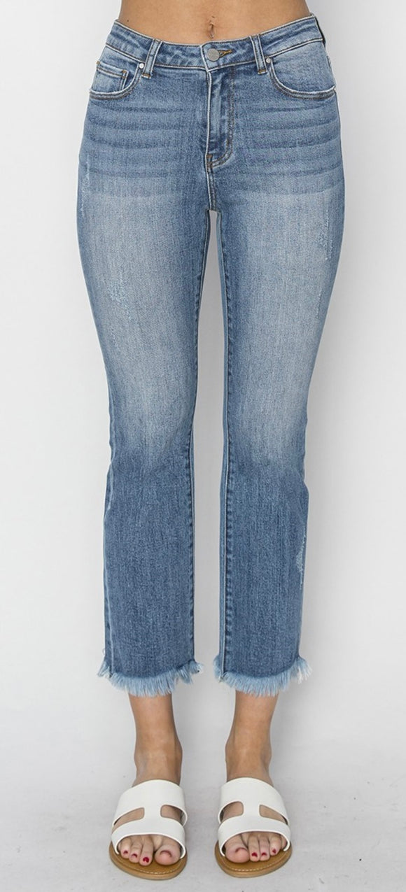 RISEN LIGHT MID RISE STRAIGHT RAW HEM JEAN