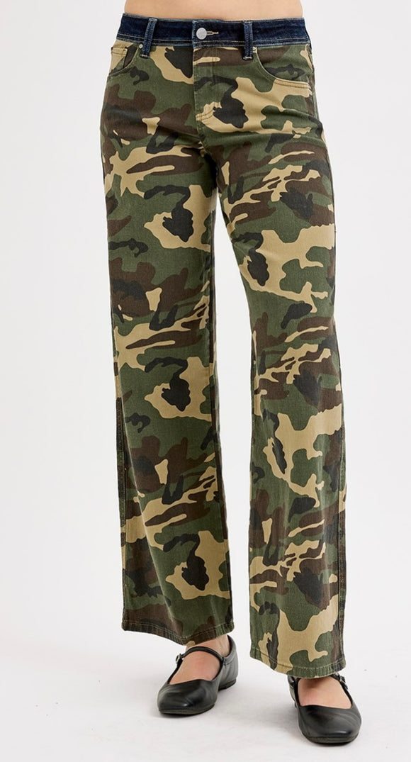 Risen Camo Mid Rise Straight Wide Pant