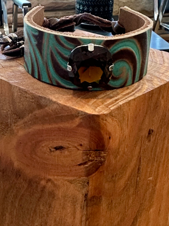 Brown rhinestone turquoise leather bracelet