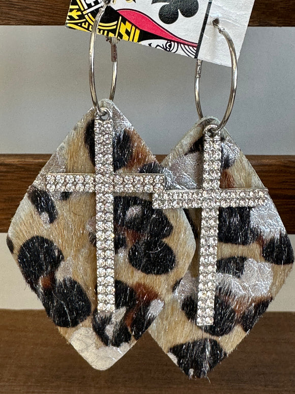Leopard leather cross earrings