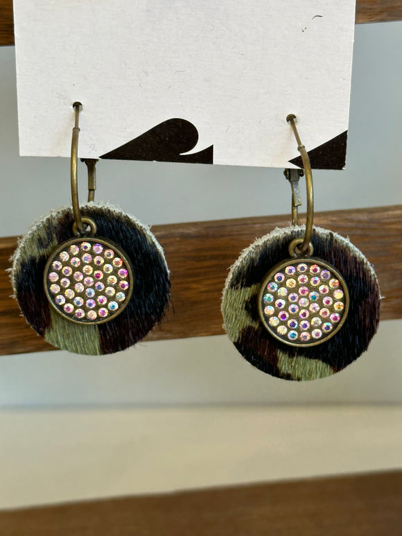 Camo hair on leather rhinestone earring