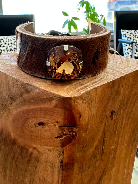 Brown hair-on leather rhinestone bracelet