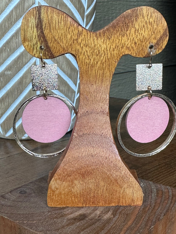 Gold texture wood circle earrings