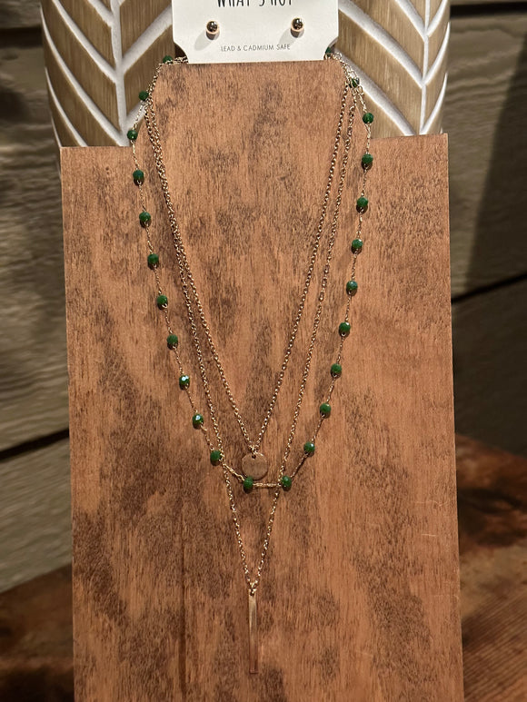 Gold chain green crystal bar necklace