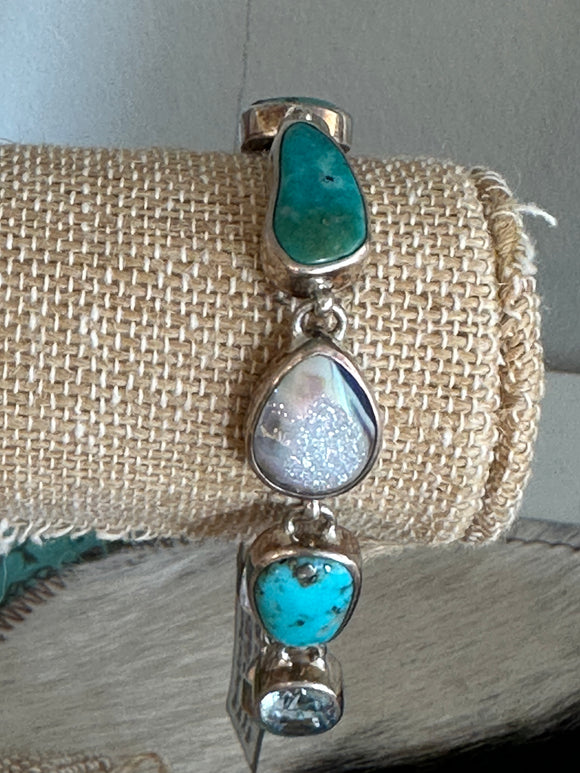 Turquoise, Blue Topaz & Druzy Link Bracelet