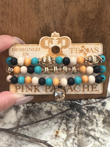 Multi Wood Bracelet Trio with Austrian Crystal