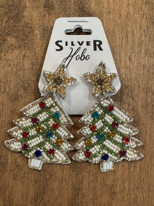White Beaded, Crystal & Rhinestone Christmas Tree Earring