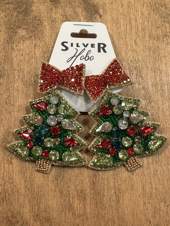 Red Rhinestone Bow Christmas Tree Earring