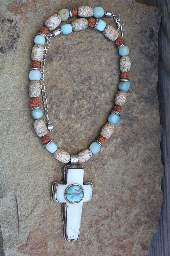Turquoise & Bone Cross Necklace