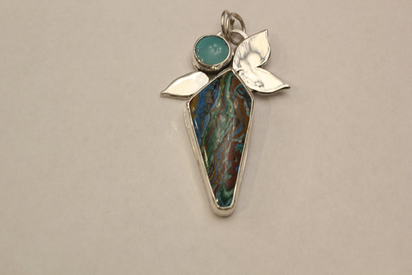 Rainbow calsilica and turquoise leaf pendant