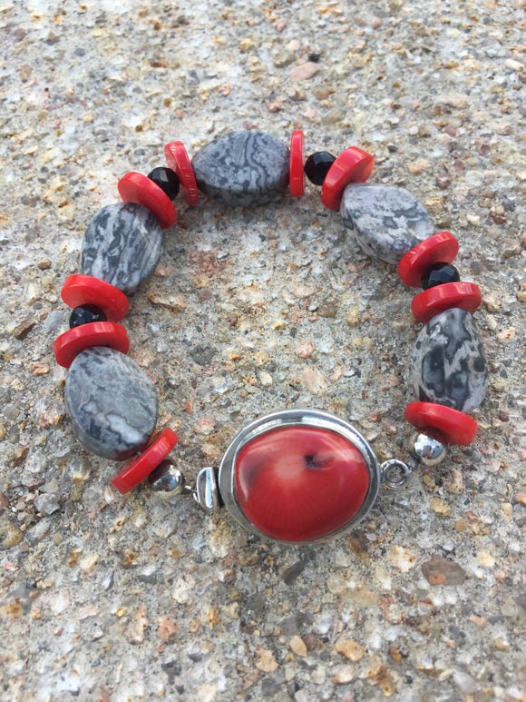 Coral, Jasper & Sterling Silver clasp bracelet