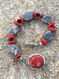 Coral, Jasper & Sterling Silver clasp bracelet