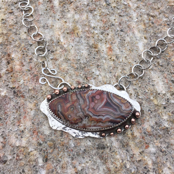 HAMMERED SILVER WITH AGATE AND COPPER ACCENTS PENDANT