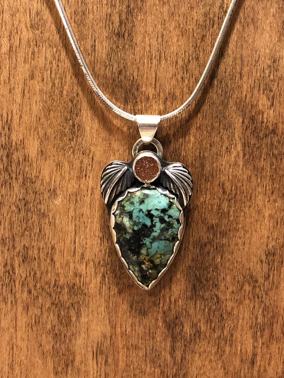 Turquoise & Peach Druzy leaf pendant